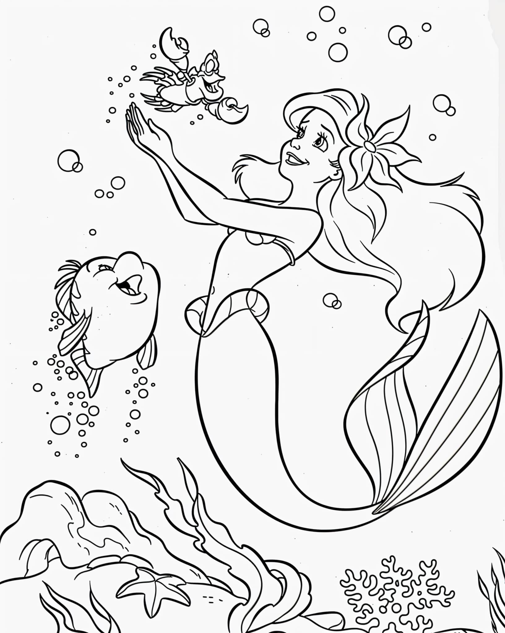 Ariel de la sirenita en el mar para colorear, dibujo