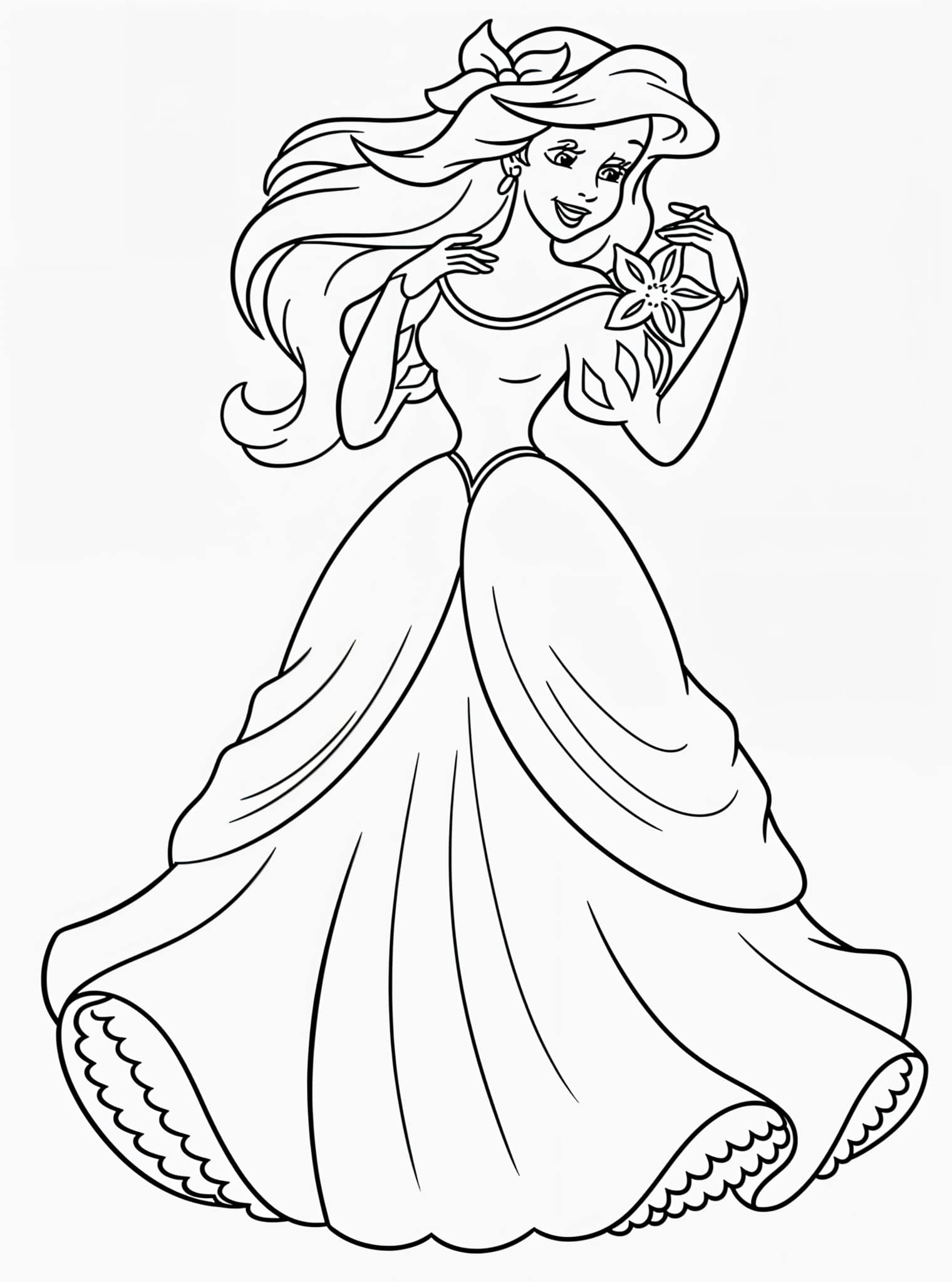 Ariel dibujo de la sirenita con vestido para colorear pagina