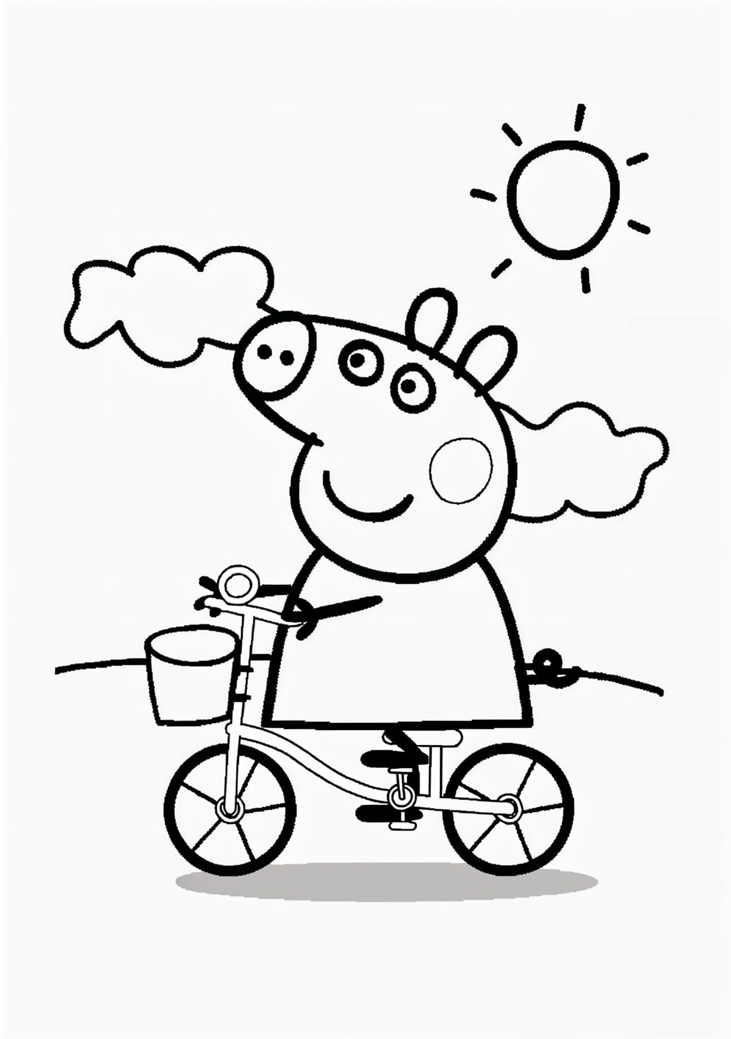 Colorear Peppa Pig andando en bicicleta bajo el sol