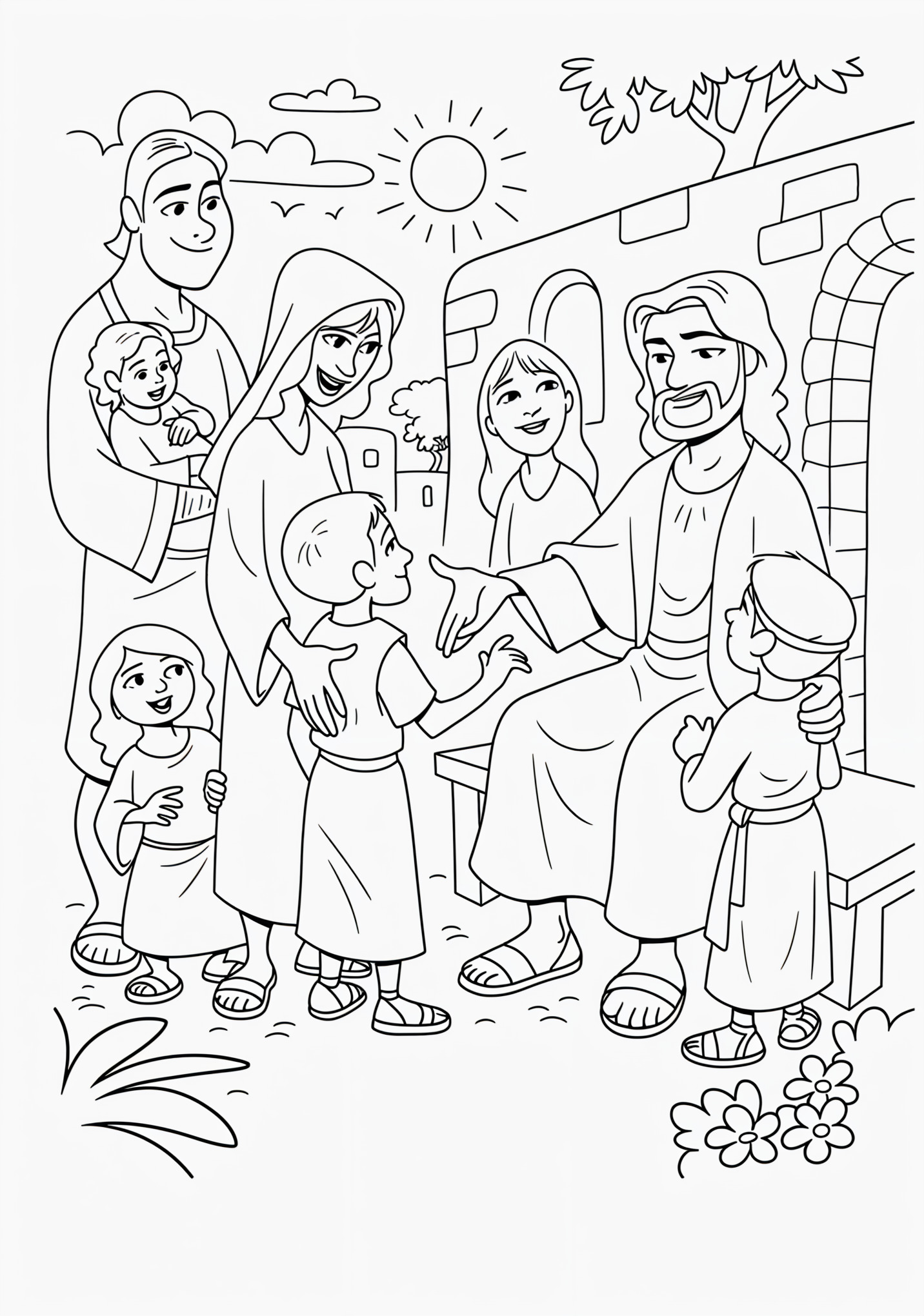 Dibujo de jesús con familias para colorear