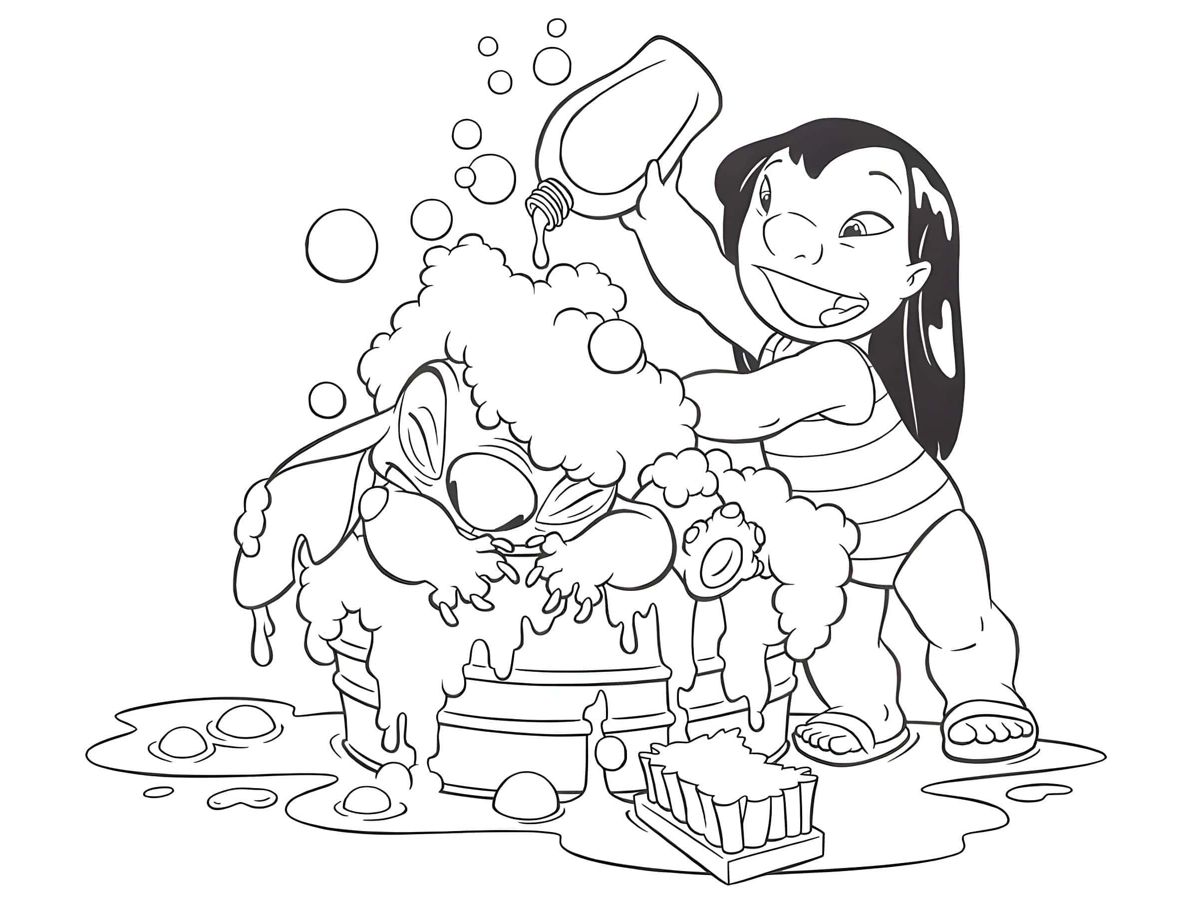 Dibujo de lilo bañando a Stitch para colorear