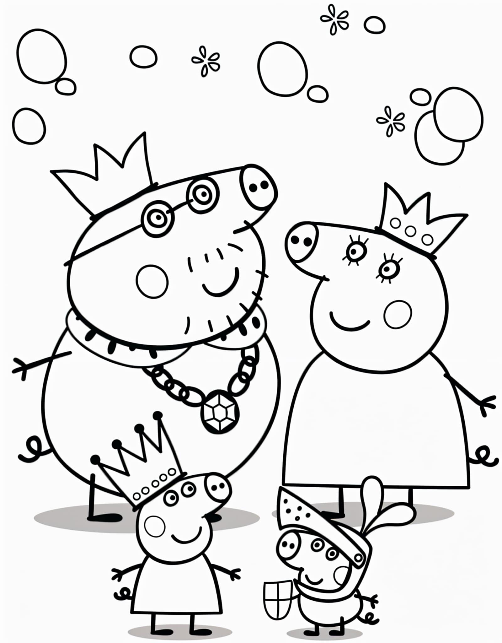 Dibujo para colorear de la familia Peppa Pig con coronas