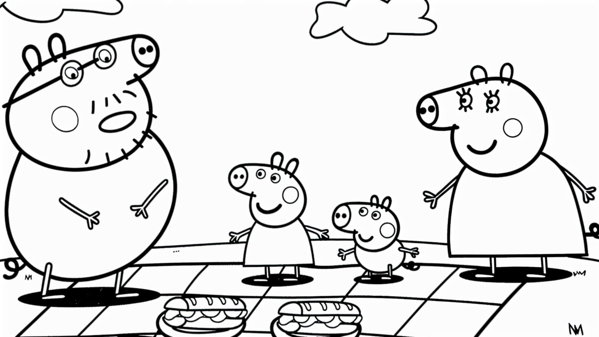 Dibujo para colorear de la familia Peppa Pig en un picnic