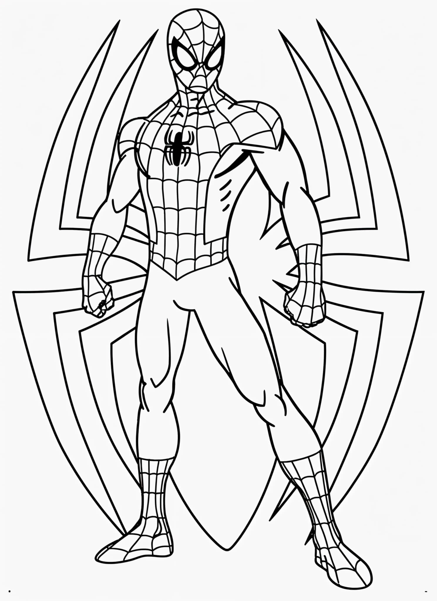 Página para colorear de spider man con logo en la parte posterior.