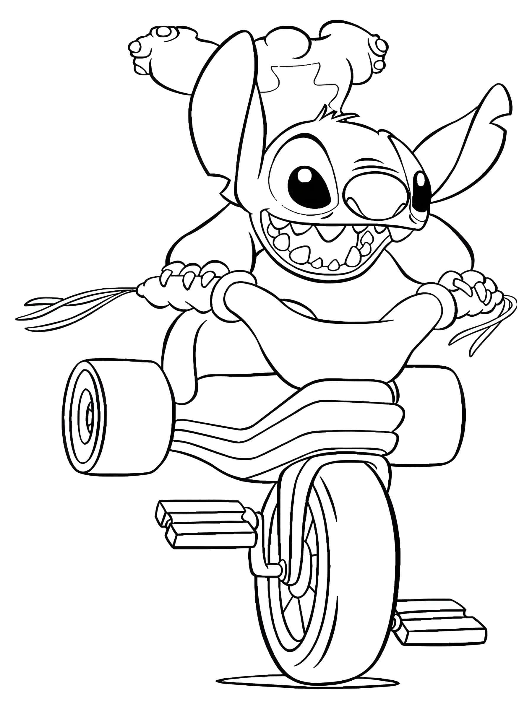 Página para colorear de Stitch andando en bicicleta