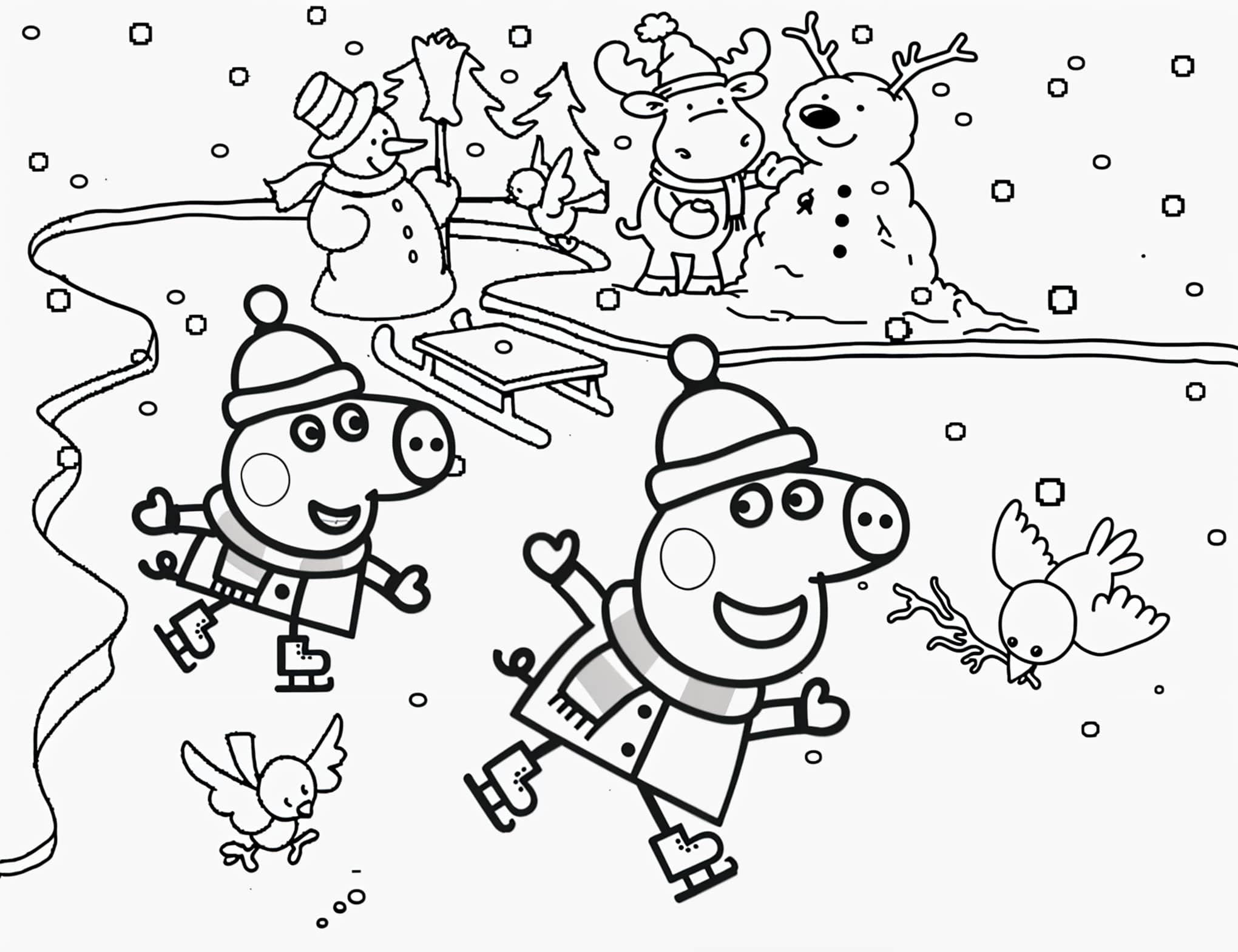 Peppa pig y sus amigos patinando sobre hielo dibujo para imprimir