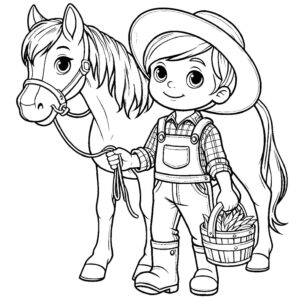 Dibujo de niño con caballo para colorear