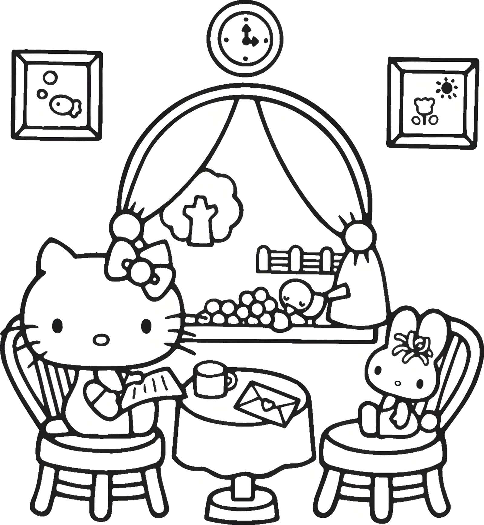 Dibujo de hello kitty tomando té para colorear