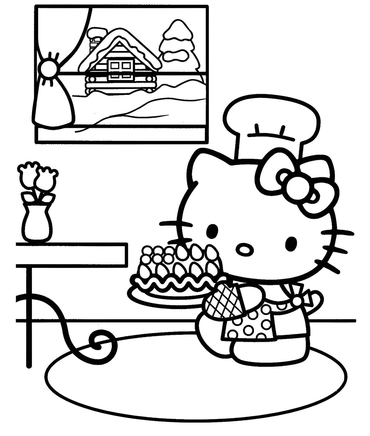 Dibujo para colorear de hello kitty cocinando