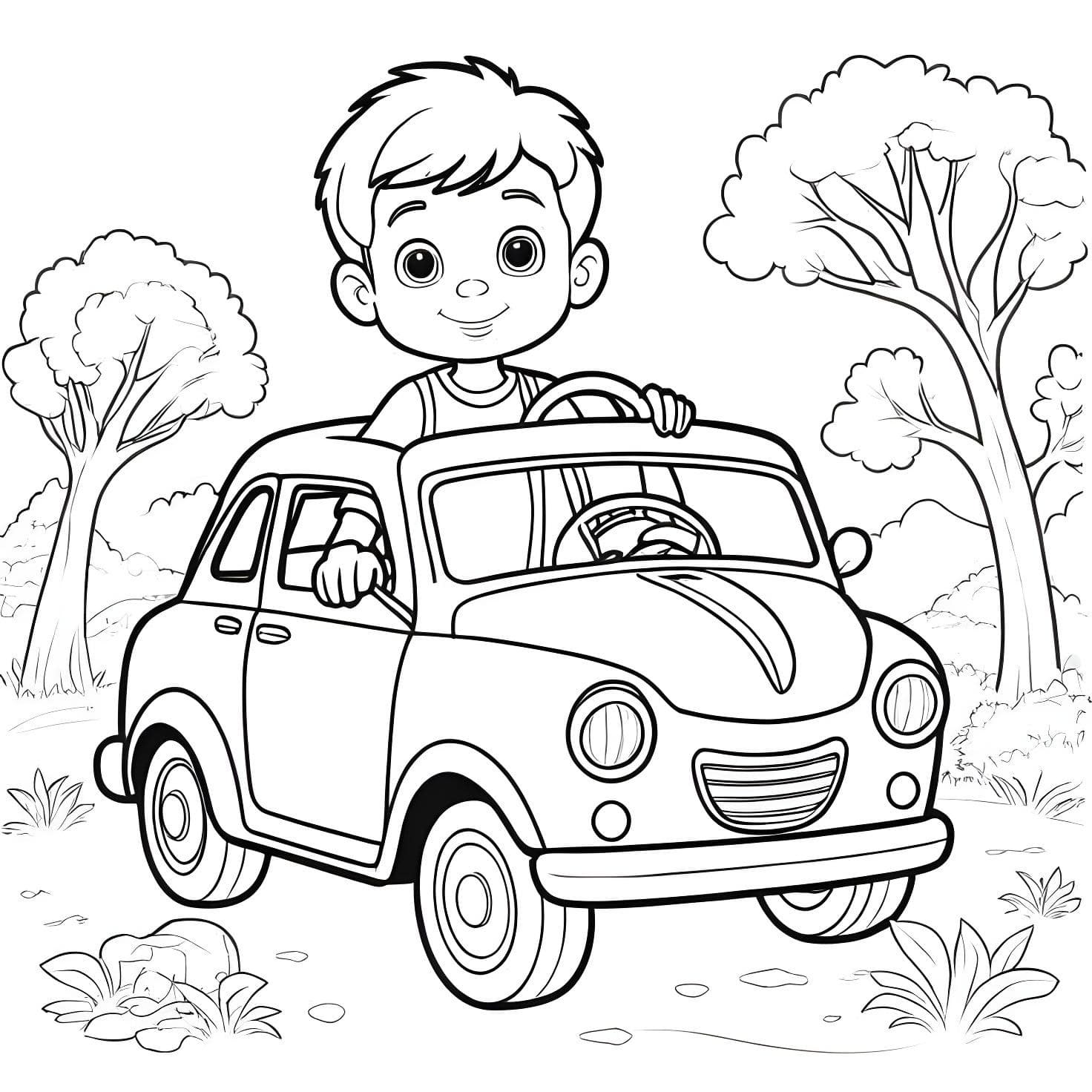 Dibujo para colorear de un niño conduciendo un coche