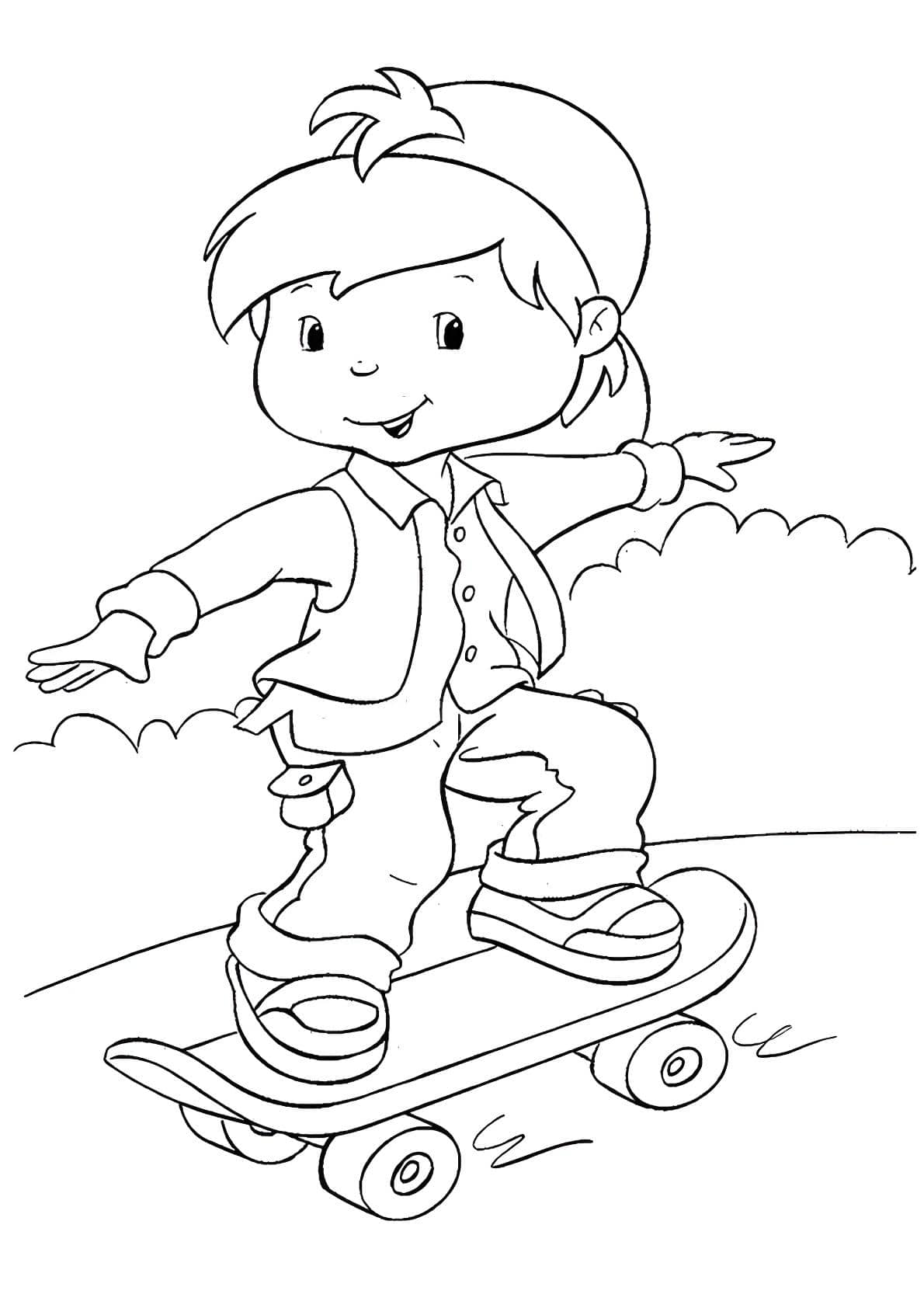 Dibujo para colorear del niño montando una patineta