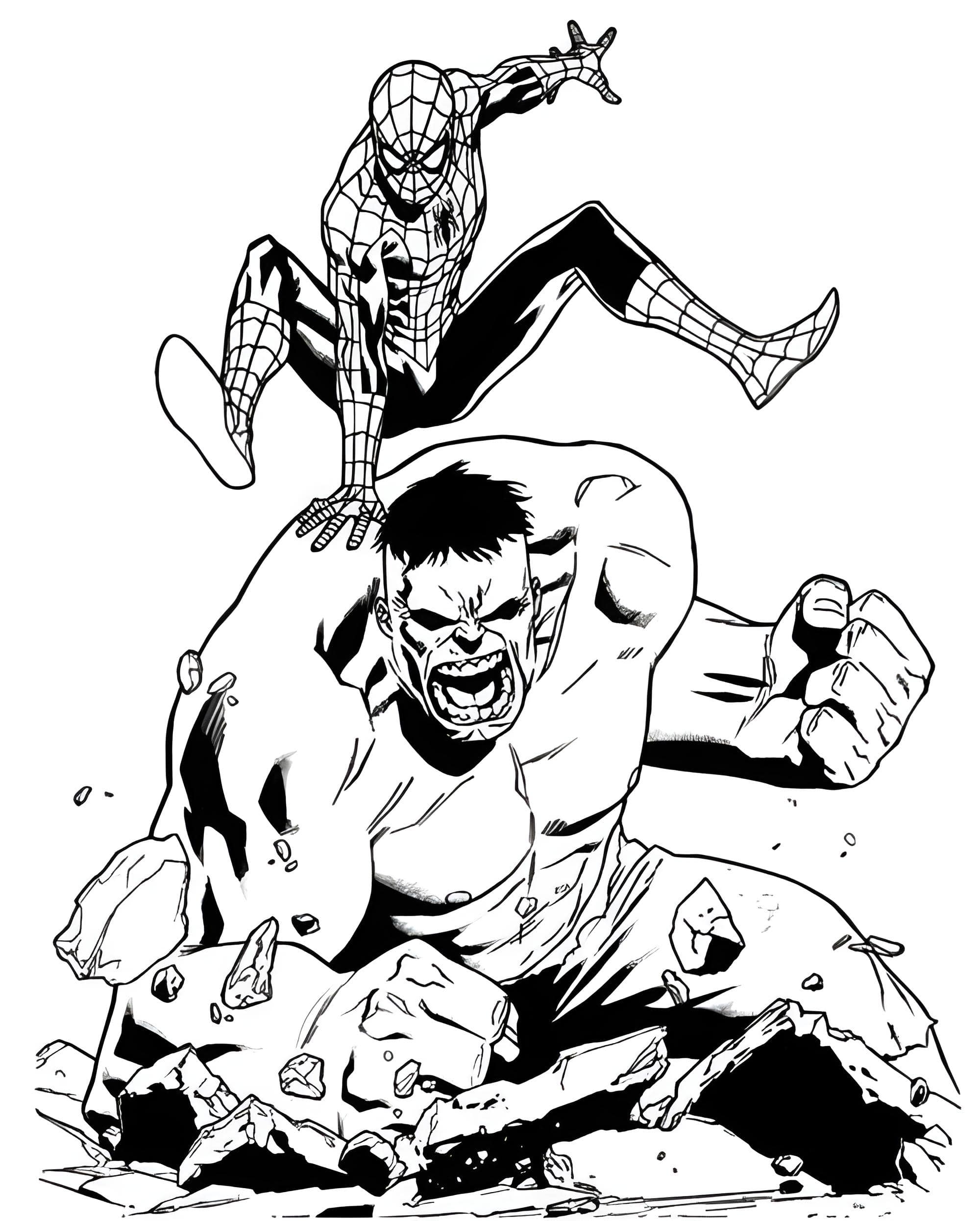 Imagen de hulk y spider man en batalla para colorear